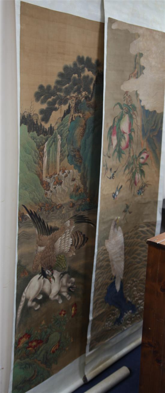 Two 19th century Chinese scroll paintings of eagles,